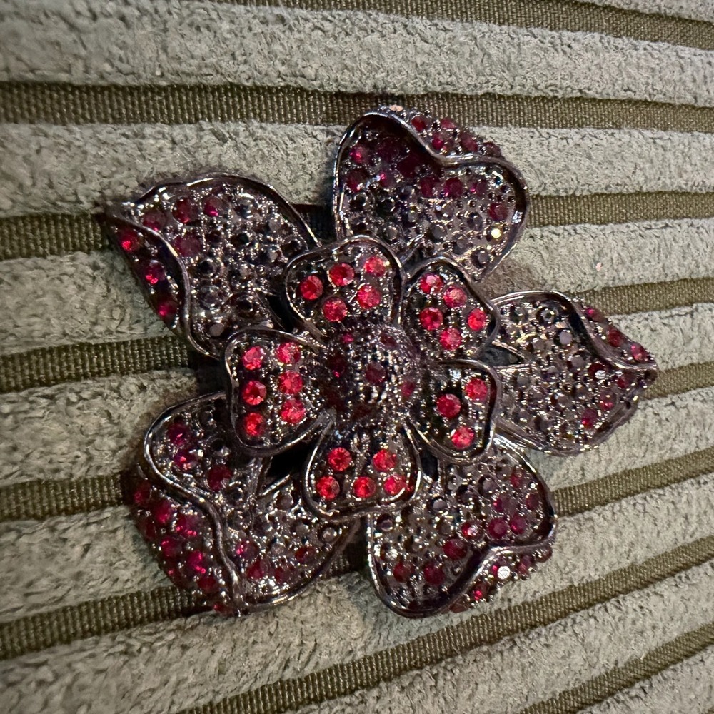 Red Rhinestone Flower Brooch Gunmetal Tone Floral Statement Pin